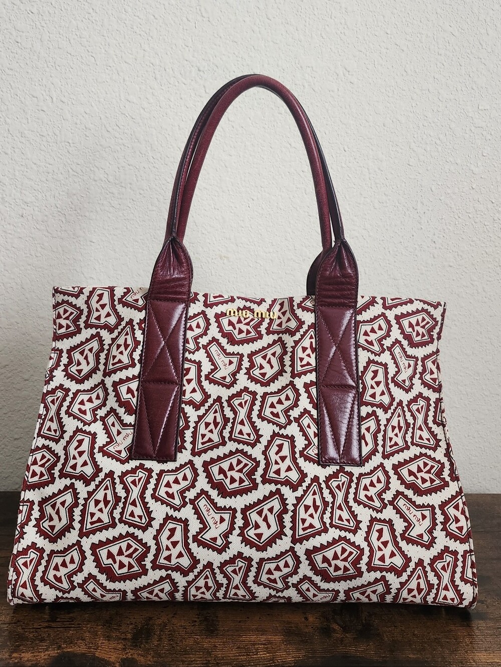 Miu Miu Burgundy/Ivory Geometric Tote Top Handle Double Handles Gold HW